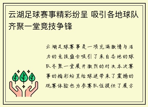 云湖足球赛事精彩纷呈 吸引各地球队齐聚一堂竞技争锋