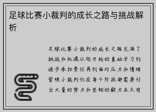 足球比赛小裁判的成长之路与挑战解析