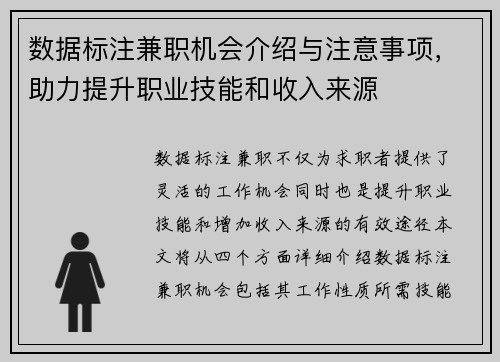 数据标注兼职机会介绍与注意事项，助力提升职业技能和收入来源