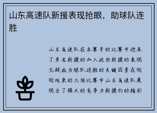 山东高速队新援表现抢眼，助球队连胜