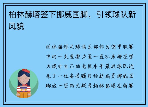 柏林赫塔签下挪威国脚，引领球队新风貌