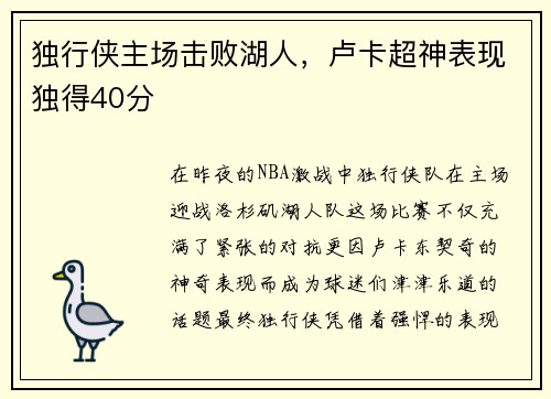 独行侠主场击败湖人，卢卡超神表现独得40分
