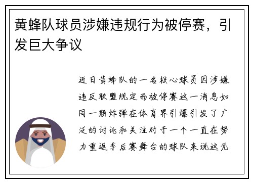 黄蜂队球员涉嫌违规行为被停赛，引发巨大争议