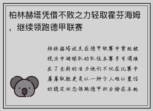 柏林赫塔凭借不败之力轻取霍芬海姆，继续领跑德甲联赛
