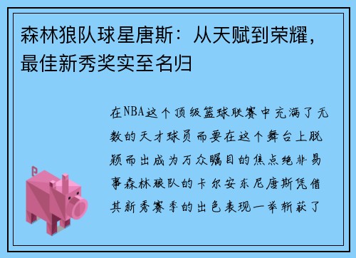 森林狼队球星唐斯：从天赋到荣耀，最佳新秀奖实至名归