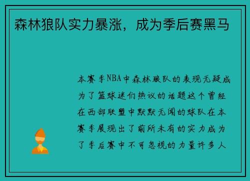 森林狼队实力暴涨，成为季后赛黑马