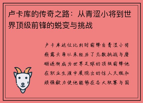 卢卡库的传奇之路：从青涩小将到世界顶级前锋的蜕变与挑战