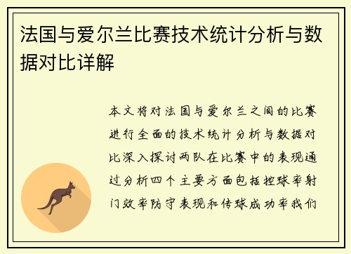 法国与爱尔兰比赛技术统计分析与数据对比详解