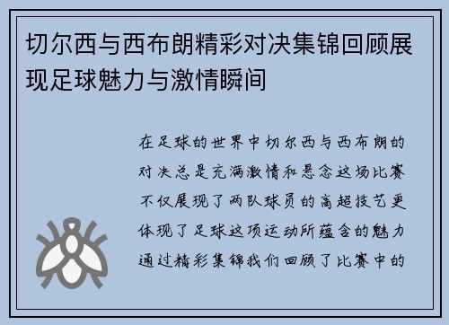 切尔西与西布朗精彩对决集锦回顾展现足球魅力与激情瞬间
