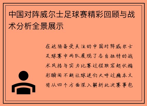 中国对阵威尔士足球赛精彩回顾与战术分析全景展示