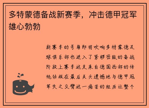多特蒙德备战新赛季，冲击德甲冠军雄心勃勃