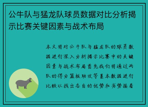 公牛队与猛龙队球员数据对比分析揭示比赛关键因素与战术布局