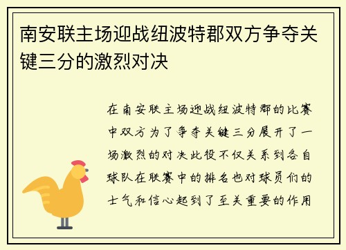 南安联主场迎战纽波特郡双方争夺关键三分的激烈对决