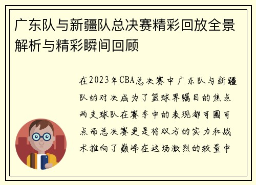 广东队与新疆队总决赛精彩回放全景解析与精彩瞬间回顾