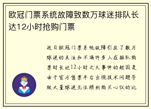 欧冠门票系统故障致数万球迷排队长达12小时抢购门票