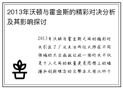 2013年沃顿与霍金斯的精彩对决分析及其影响探讨